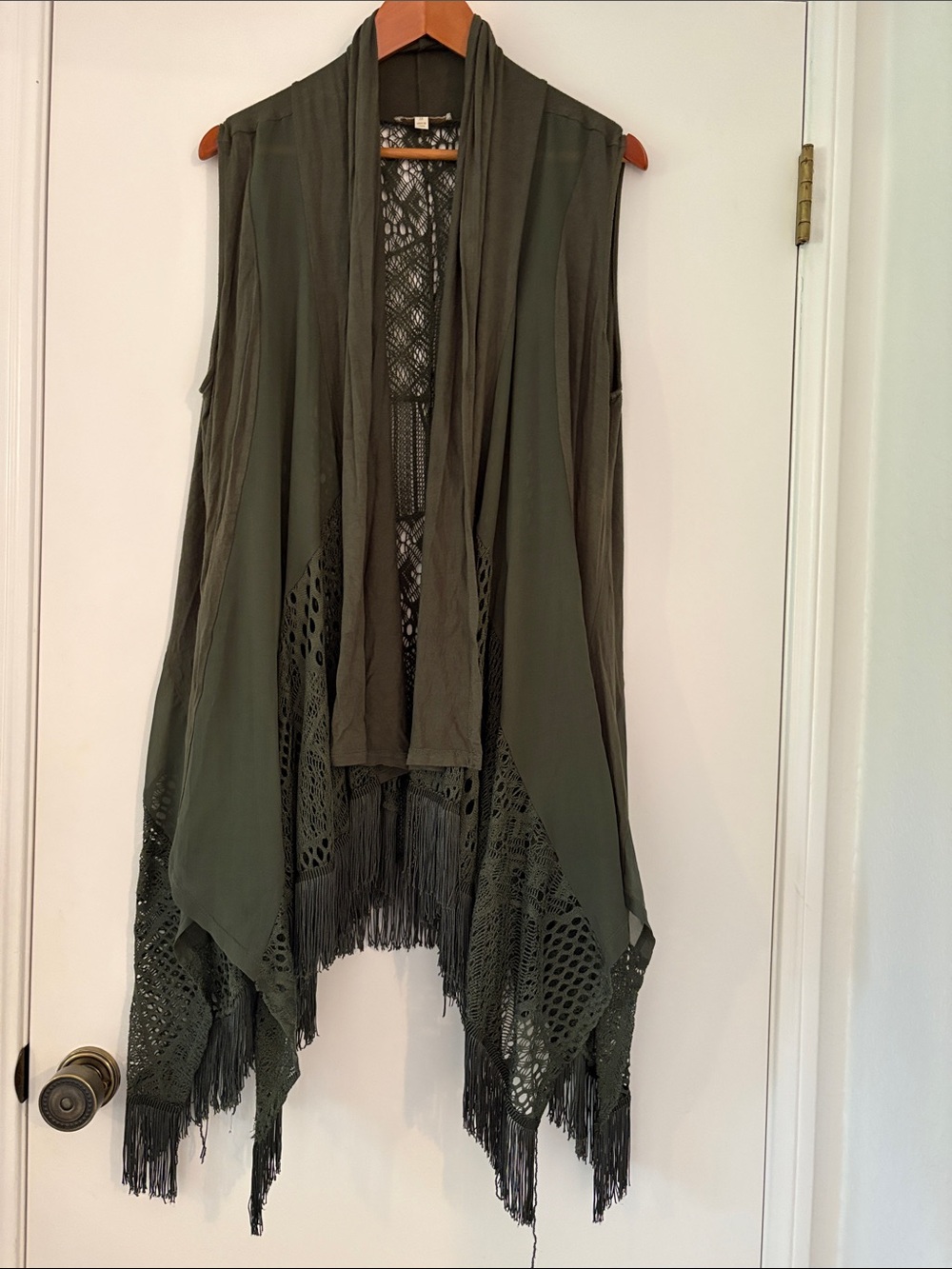 Haani Olive Green Fringe Open Front Sleeveless Cardigan